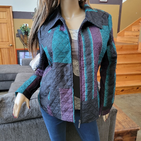 Erin London Jacket Quilted Patchwork Black Teal Plum L - Picture 3 of 10